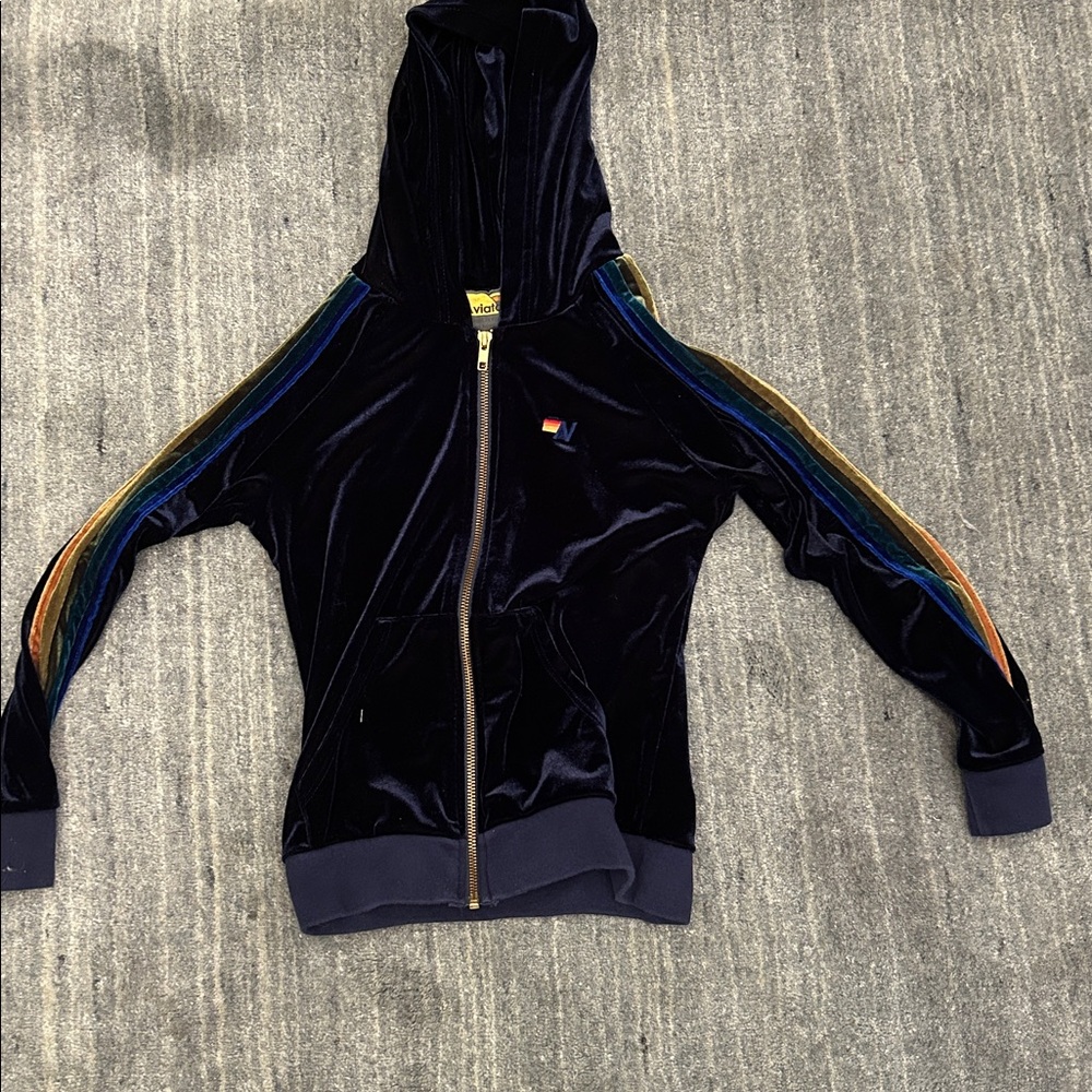 Aviator Nation Navy Velvet Hoodie with Gold Zipper